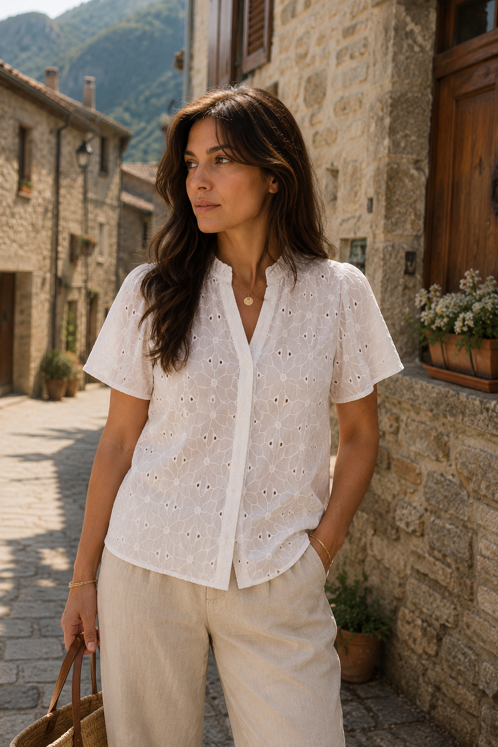 Blusa blanca de broderie con bordados calados, manga corta acampanada y pantalón beige en un look mediterráneo de moda femenina elegante | STRANNA