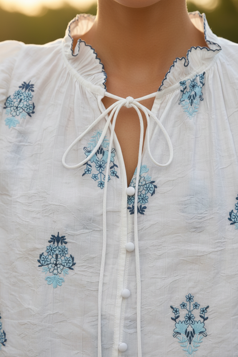 Detalle del cuello con lazada y bordado floral azul sobre tejido blanco ligero. Diseño refinado para combinar con prendas denim y conseguir un outfit casual chic mujer de inspiración francesa. STRANNA