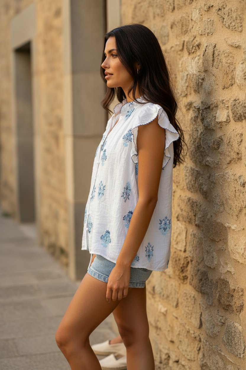 Diseño fluido con bordados azules sobre fondo blanco combinado con bermuda denim clara y complementos naturales. Look elegante mujer para verano con esencia francesa y aire mediterráneo contemporáneo. STRANNA