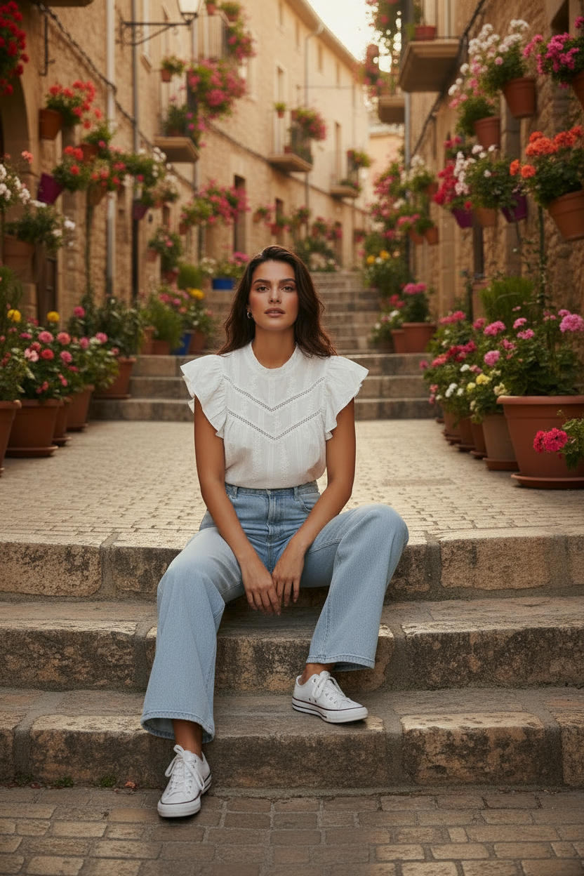 Detalle encaje calado chevron y volantes hombros blusa Camille blanca — STRANNA