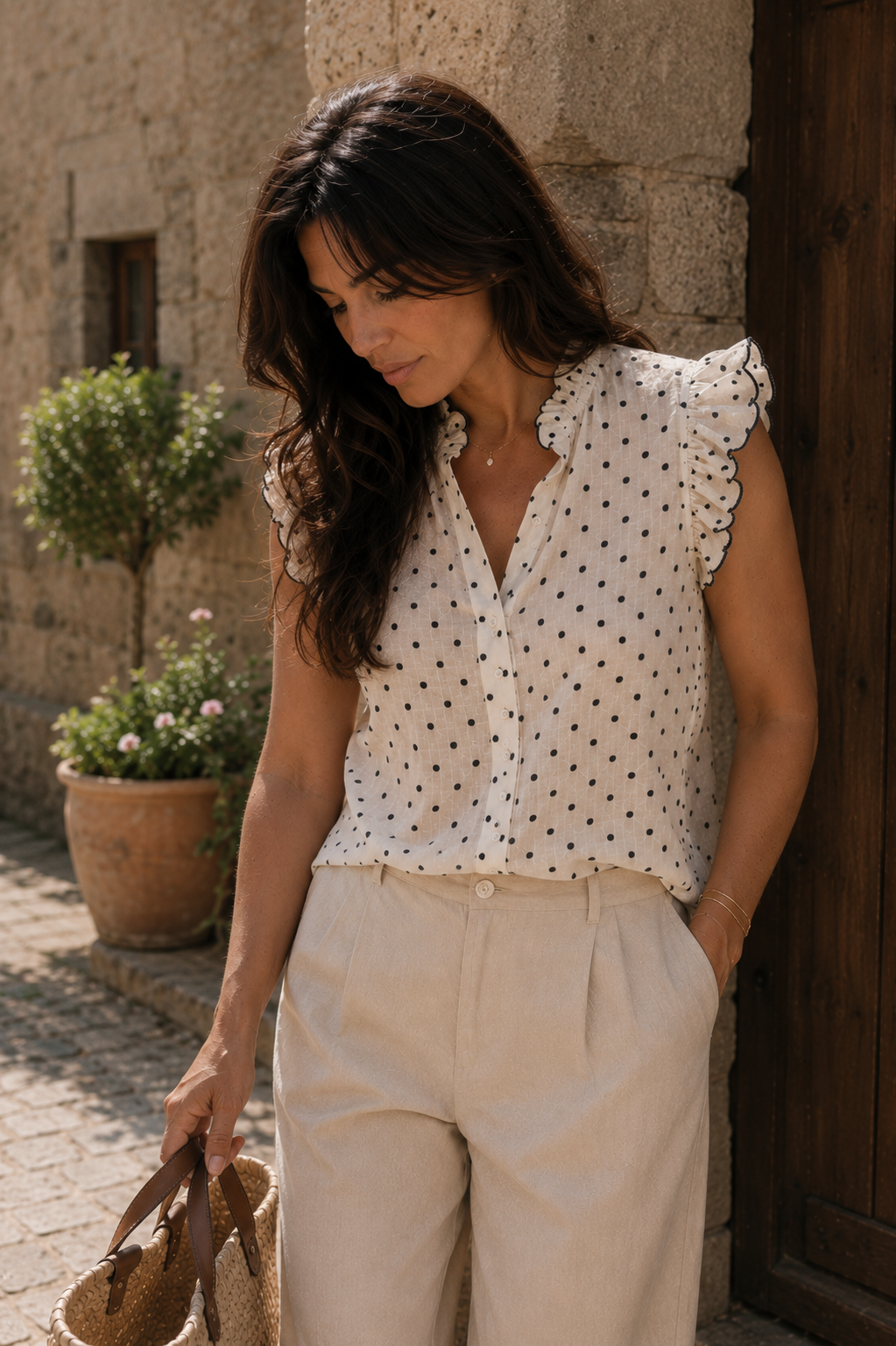 Blusa crema de lunares negros con volantes festoneados, combinada con pantalón de lino claro en una pose natural de estilo francés | STRANNA
