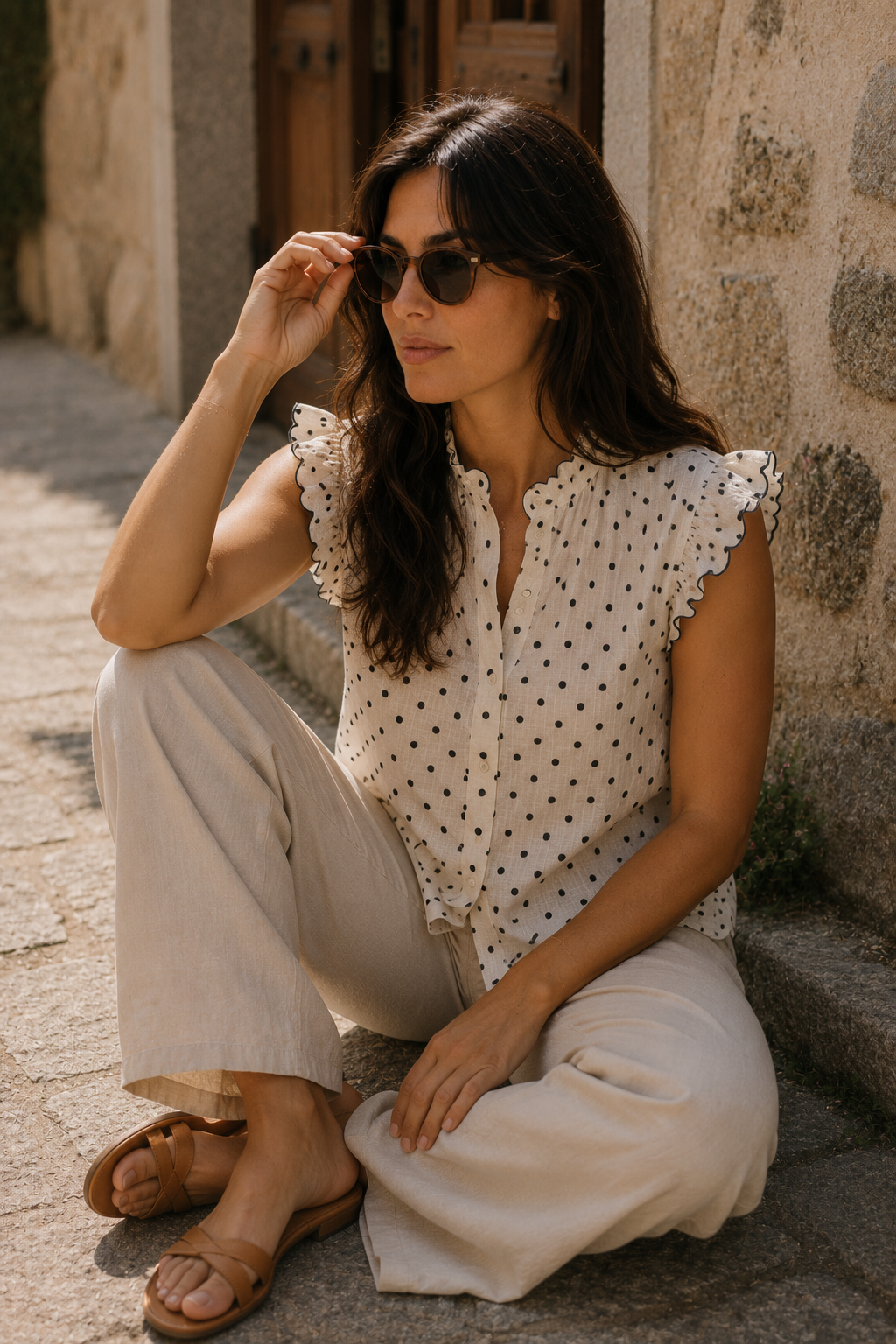 Blusa femenina crema con lunares negros y cierre delantero de botones, combinada con pantalón ancho en una pose relajada y natural | STRANNA