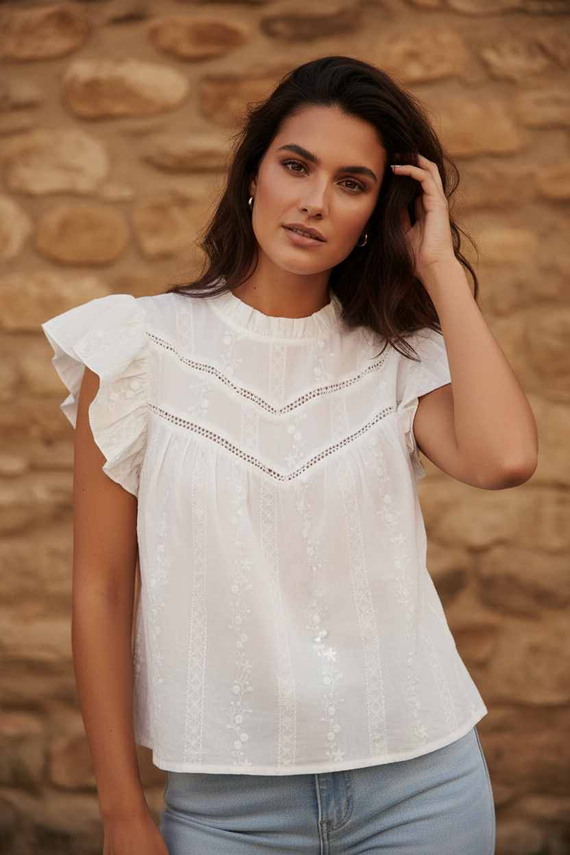 Blusa elegante mujer Camille blanca con bordado floral tono sobre tono — STRANNA