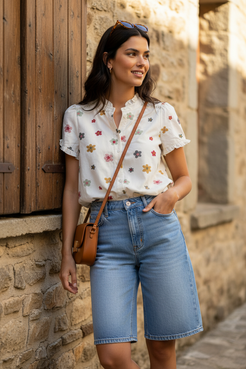 Blusa bordada con flores en tonos rojo, verde, mostaza y gris combinada con pantalón corto vaquero azul. Outfit elegante mujer con personalidad, ideal para crear un look casual chic de inspiración francesa. STRANNA