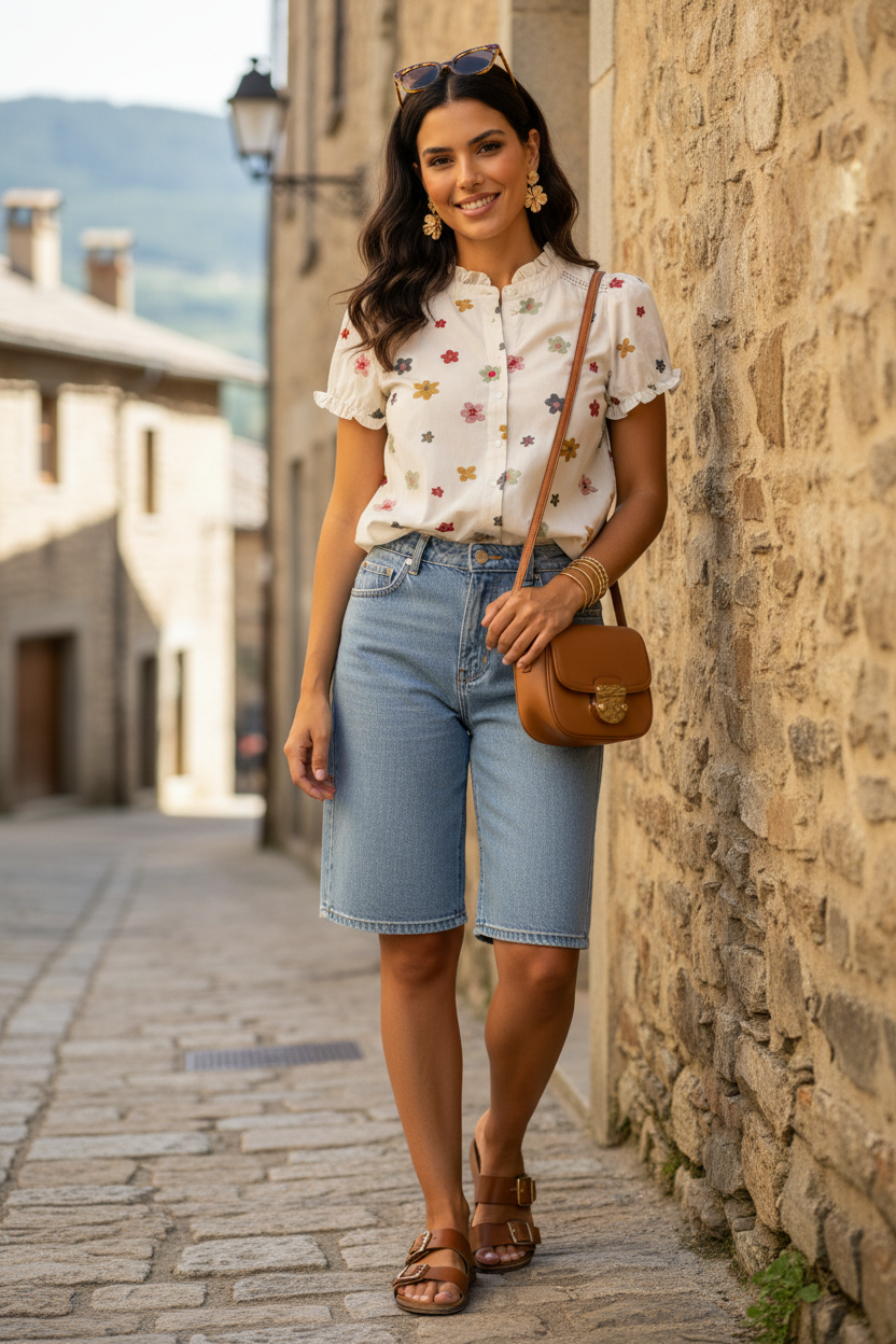 Blusa de algodón crudo con flores bordadas multicolor, cuello con volante y manga corta fruncida combinada con bermuda vaquera azul. Outfit casual chic mujer con inspiración francesa, perfecto para un estilo elegante y relajado de verano. STRANNA