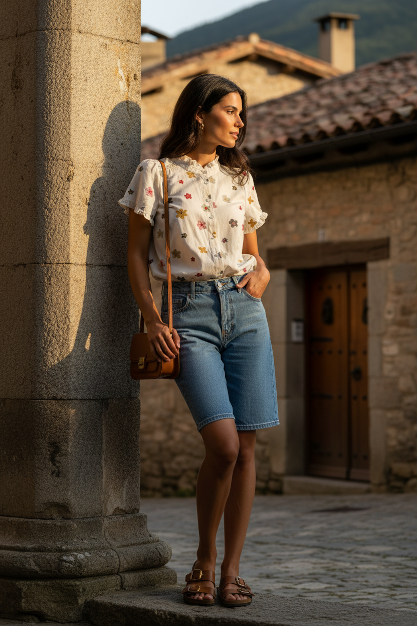 Tejido de algodón bordado con cuello mao y detalles románticos combinado con bermuda denim y accesorios en tonos cuero. Estilo francés mujer con esencia mediterránea para un look sofisticado y fresco. STRANNA