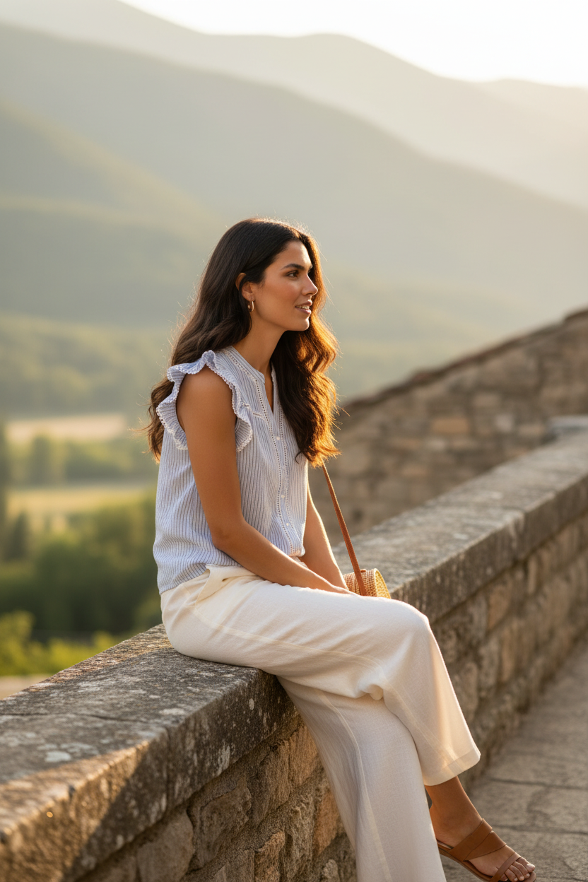 Blusa refinada de rayas finas y encaje festoneado acompañada de pantalón blanco fluido en un outfit elegante mujer. Una propuesta casual chic mujer con inspiración mediterránea y sofisticación atemporal. STRANNA