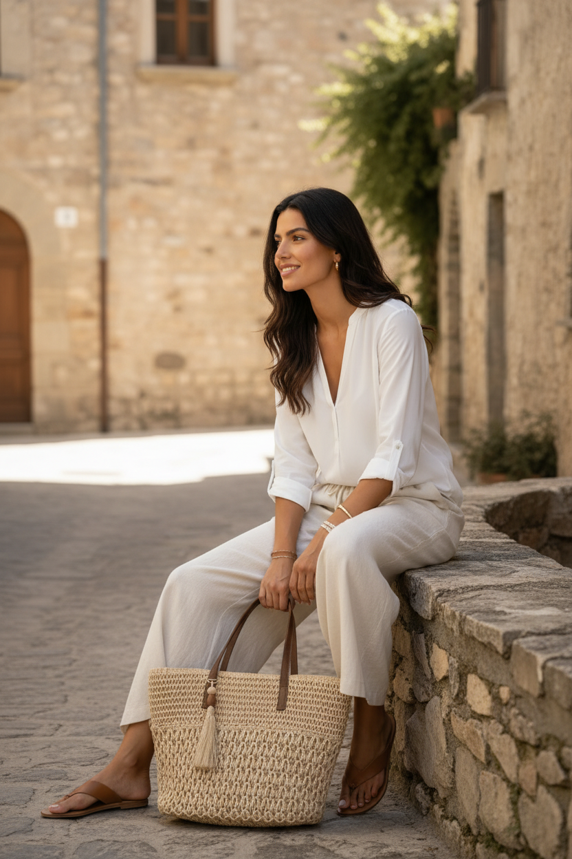 Complemento de rafia trenzada ideal para looks de verano con blusa blanca, pantalón ancho de lino y sandalias de cuero. Un bolso ligero y elegante para un estilo femenino natural y sofisticado. STRANNA