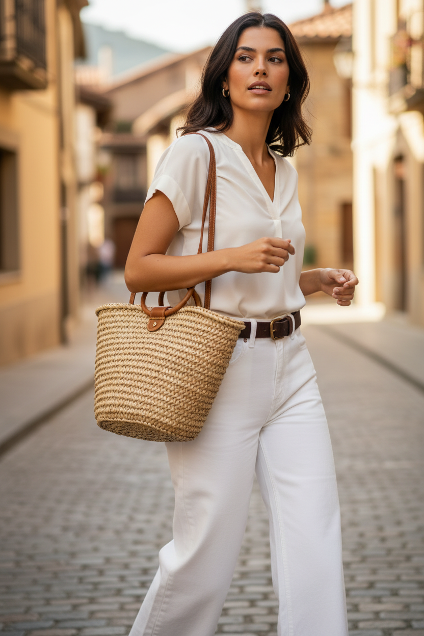 Caminando bolso rafia hombro torso pantalón blanco wide-leg