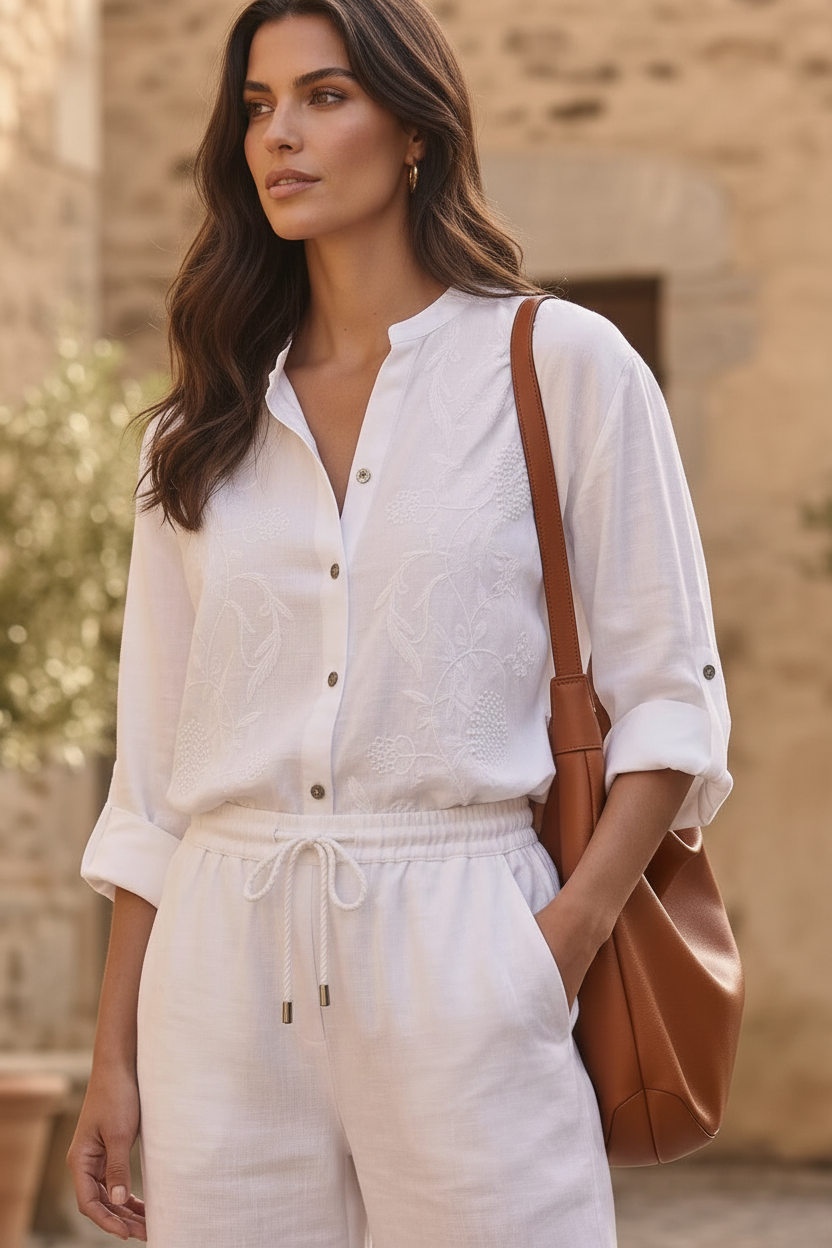 Camisa de lino blanco con caída natural combinada con pantalón blanco y bolso de cuero camel. Look casual chic mujer con estilo francés y aire mediterráneo contemporáneo. STRANNA