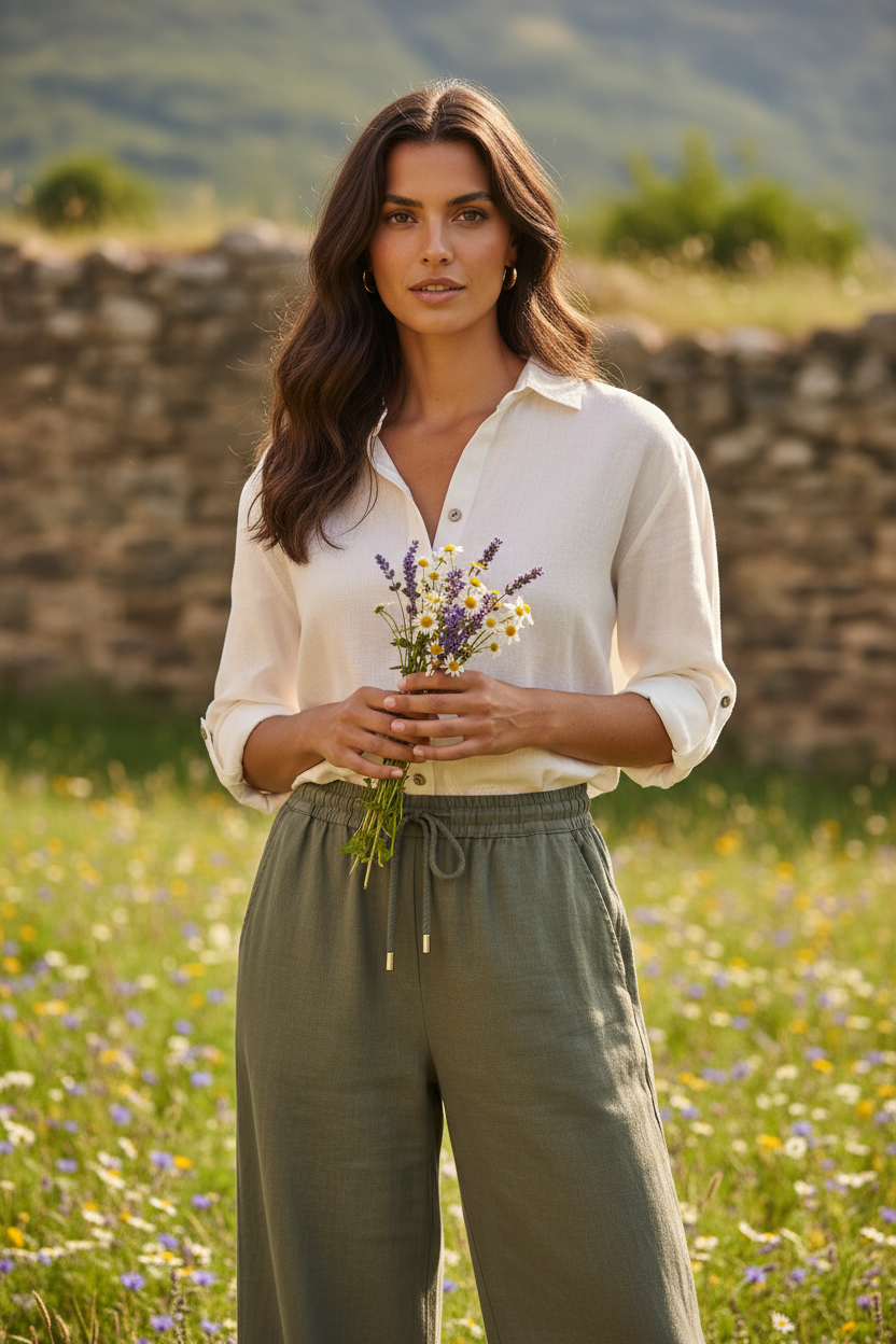 Camisa de lino blanco combinada con pantalón verde oliva y accesorios naturales. Outfit casual chic mujer con equilibrio entre comodidad y elegancia. STRANNA