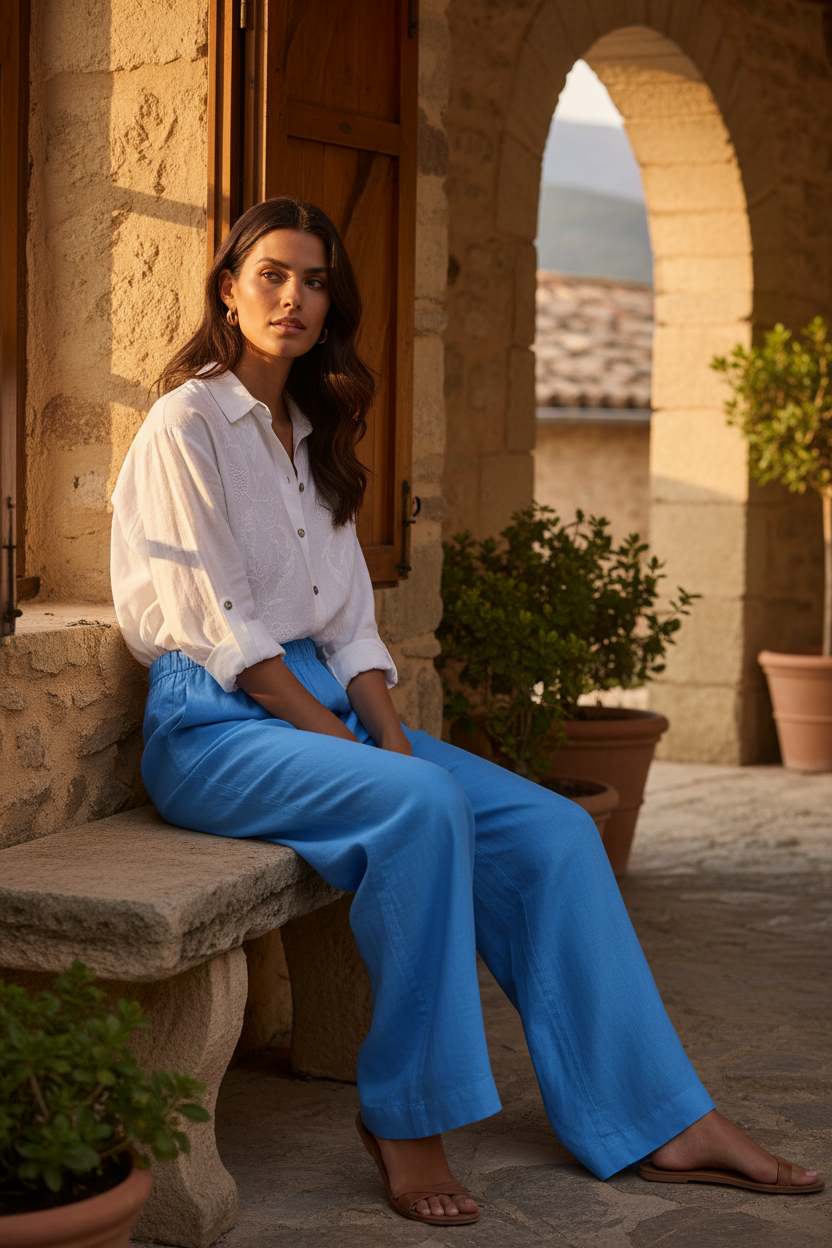 Camisa de lino blanco combinada con pantalón azul intenso de pernera ancha. Outfit casual chic mujer que mezcla elegancia francesa y contraste cromático moderno con tejidos naturales. STRANNA