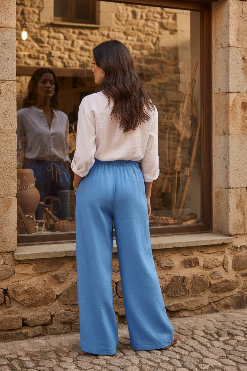 Camisa blanca de lino con corte relajado combinada con pantalón azul de inspiración mediterránea. Look elegante mujer con personalidad, frescura y estilo francés contemporáneo. STRANNA