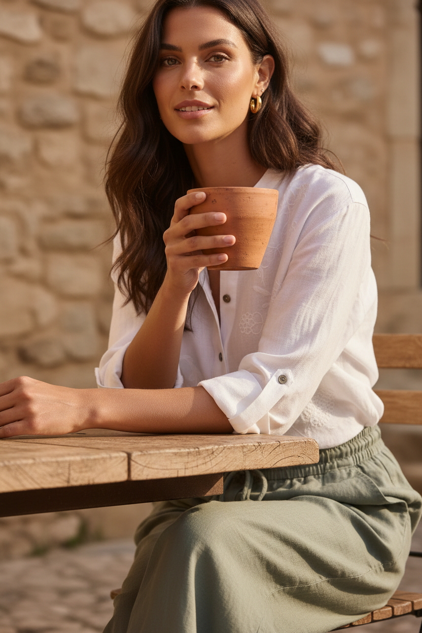 Camisa blanca de lino combinada con pantalón beige arena de pernera amplia. Look elegante mujer con inspiración francesa, tejidos naturales y sofisticación mediterránea. STRANNA