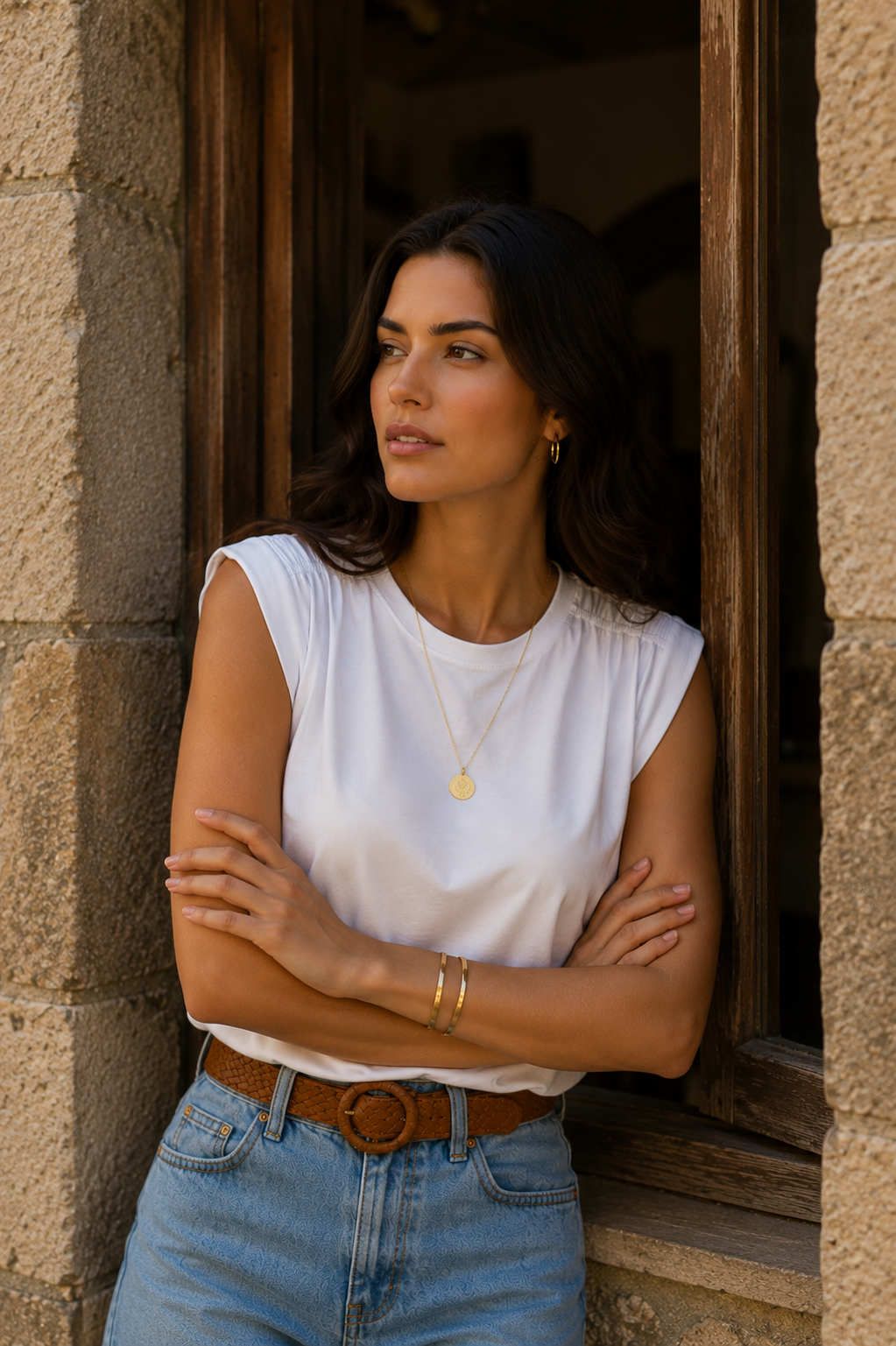 Camiseta blanca de algodón con hombros fruncidos, cuello redondo y silueta relajada, combinada con shorts vaqueros claros, cinturón trenzado y joyería dorada junto a una ventana de piedra. Outfit casual chic de moda femenina elegante con inspiración francesa. STRANNA