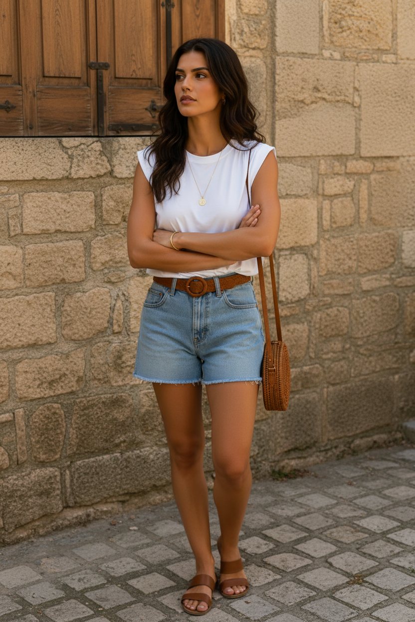 Camiseta blanca de algodón con detalle de hombros fruncidos combinada con shorts vaqueros claros, cinturón trenzado, bolso de rafia redondo y sandalias planas. Outfit casual chic para mujer perfecto para un verano de inspiración mediterránea y estilo francés. STRANNA