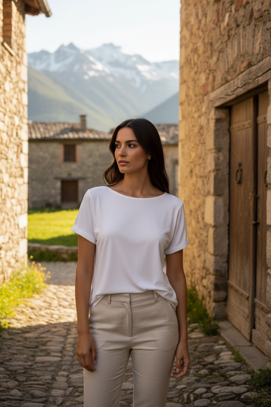 Camiseta Boni blanca - pueblo montaña pantalón beige