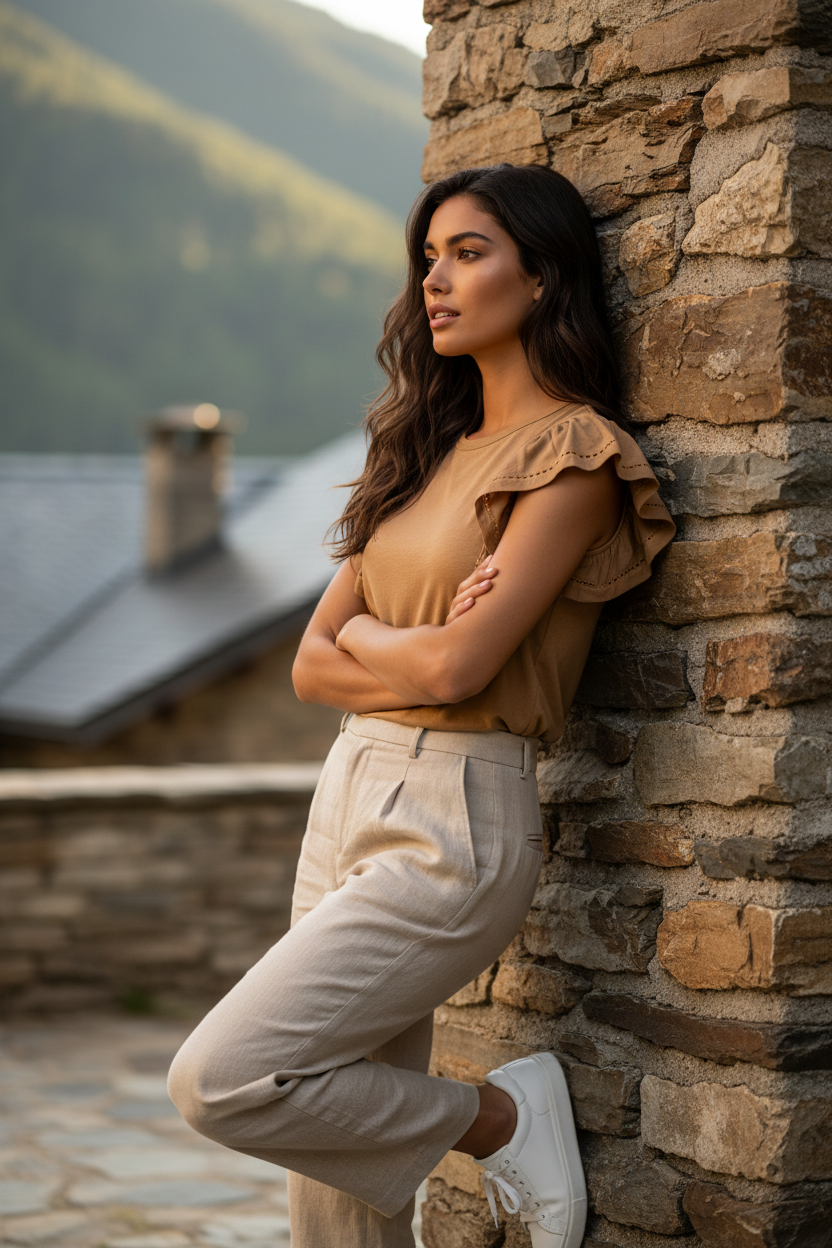 Camiseta elegante mujer camel moda mediterránea — STRANNA Irene
