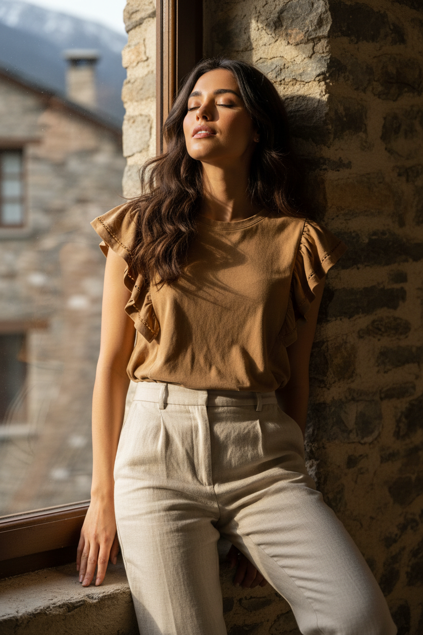 Camiseta casual chic mujer camel luz natural ventana — STRANNA Irene