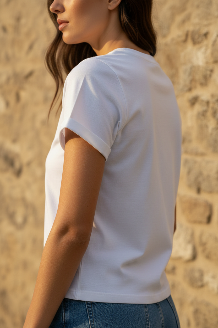 Diseño básico de algodón blanco con silueta limpia y tejido suave. Prenda imprescindible para crear outfits casual chic mujer con inspiración francesa. STRANNA