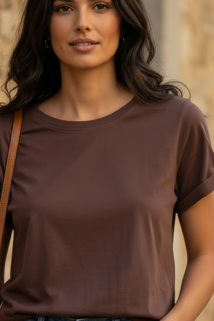 Camiseta marrón confeccionada en algodón suave con diseño minimalista y versátil. Básico imprescindible para crear outfits elegantes mujer con estilo francés. STRANNA