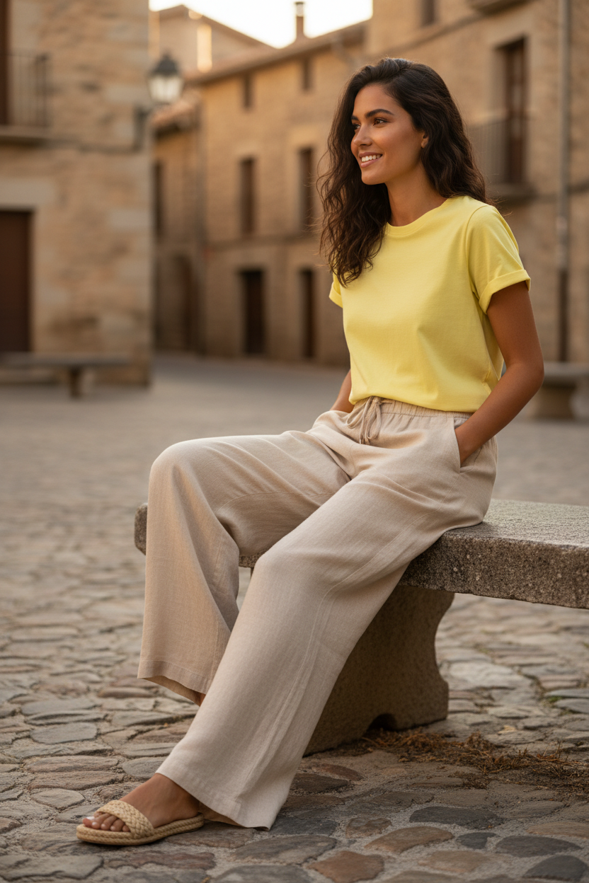 Camiseta amarilla de manga corta combinada con pantalón blanco fluido de lino. Outfit elegante mujer con luminosidad mediterránea y estilo francés relajado para verano. STRANNA