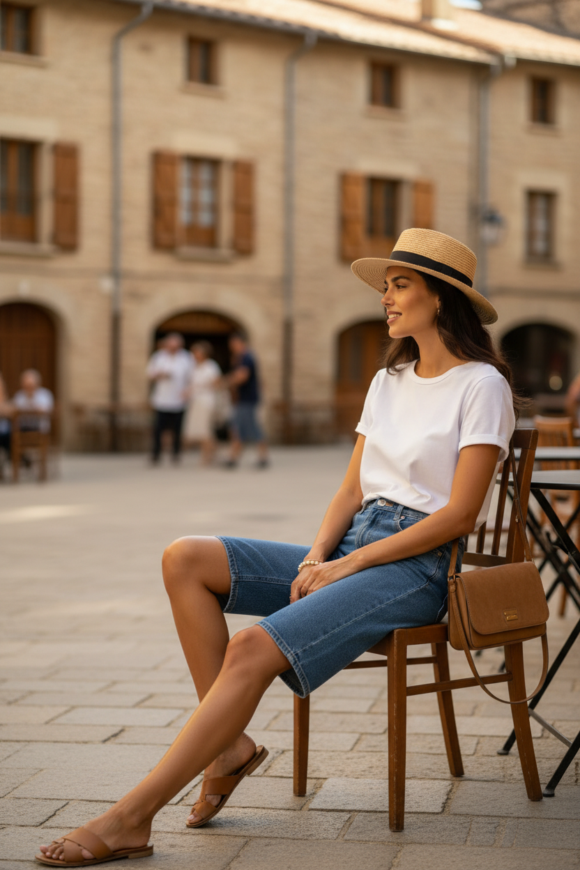 Camiseta básica blanca de caída natural combinada con bermuda denim azul y accesorios de verano. Look elegante mujer cómodo, versátil y perfecto para el día a día. STRANNA