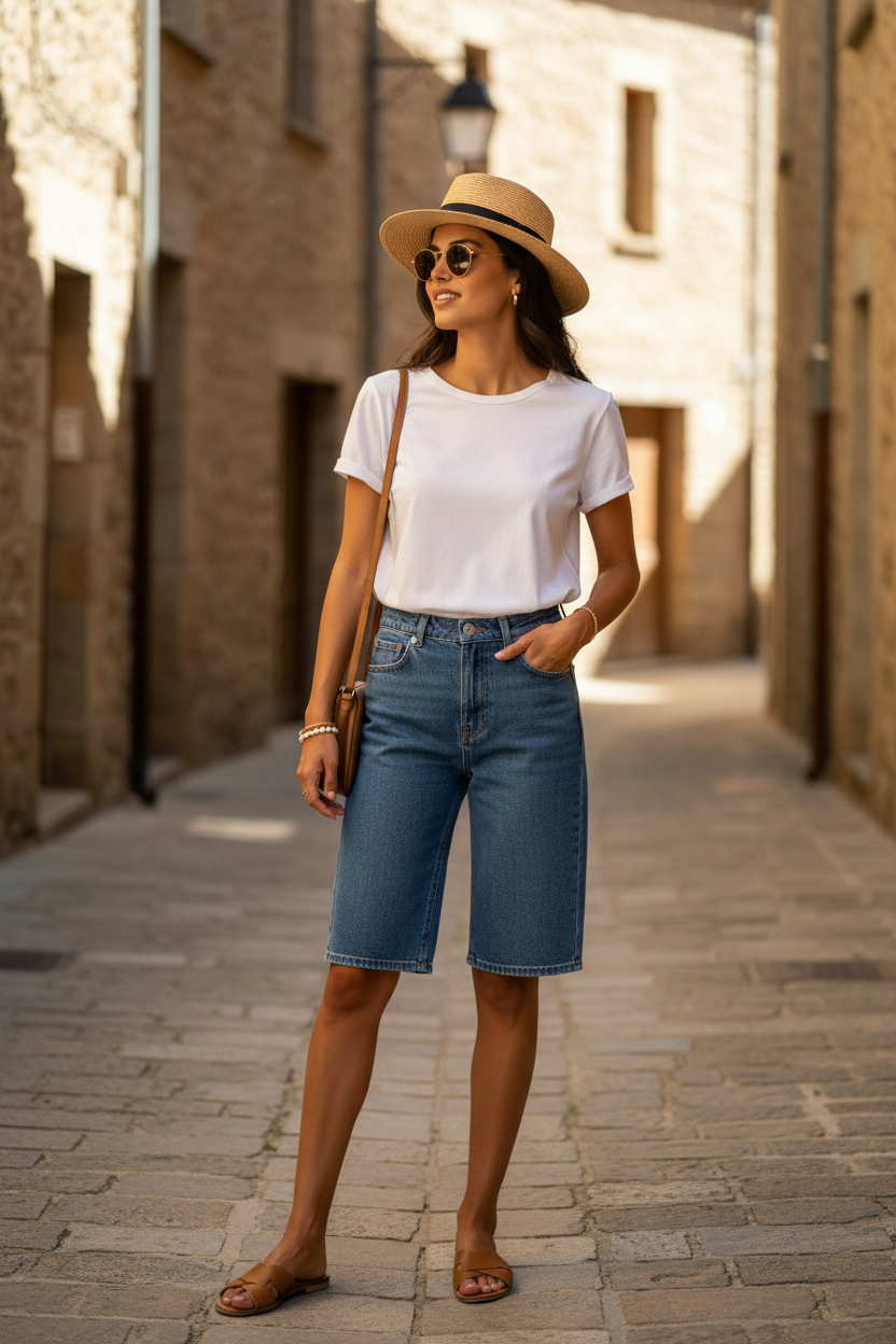 Camiseta blanca de algodón con cuello redondo y corte recto combinada con bermuda vaquera azul. Outfit casual chic mujer con estilo francés relajado y esencia mediterránea para verano. STRANNA