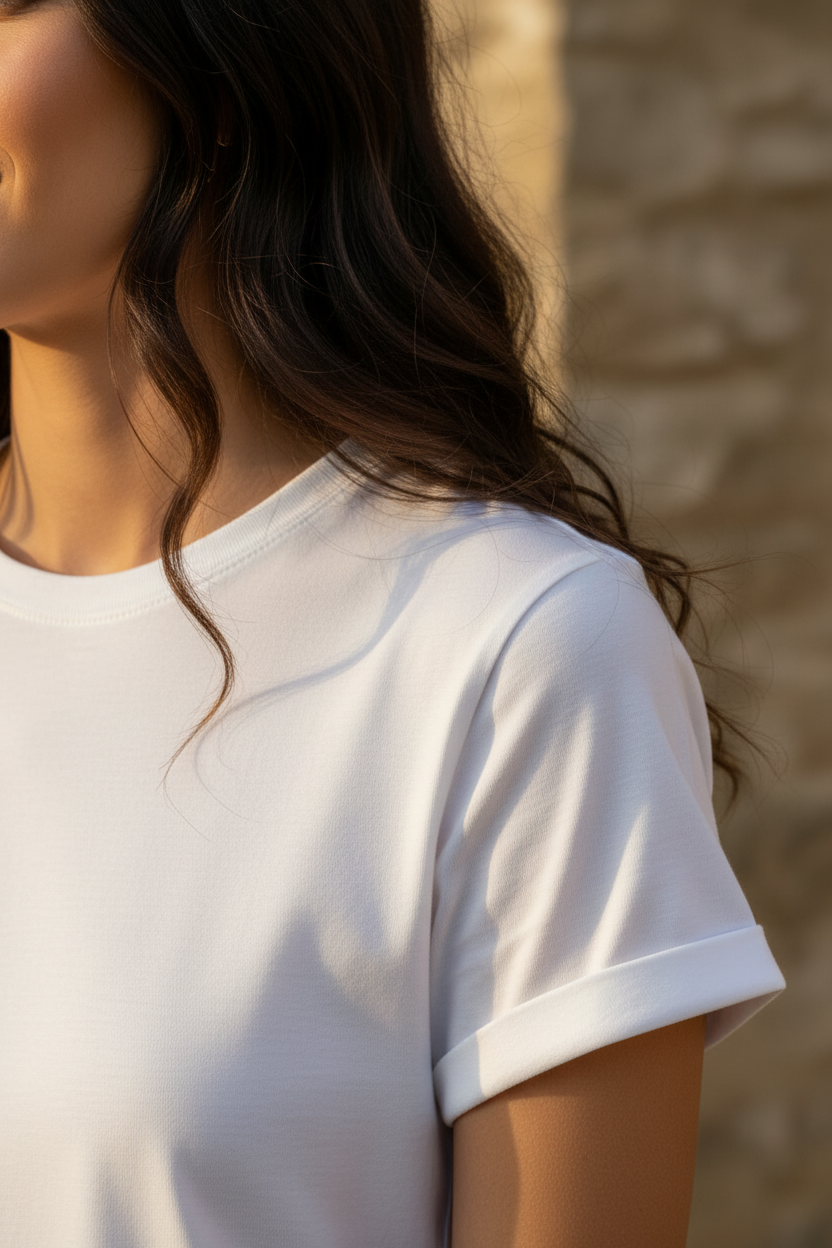 Detalle de camiseta blanca de algodón con cuello redondo, tejido suave y manga doblada. Básico versátil para combinar con denim, lino y prendas casual chic mujer de inspiración francesa y estilo mediterráneo. STRANNA