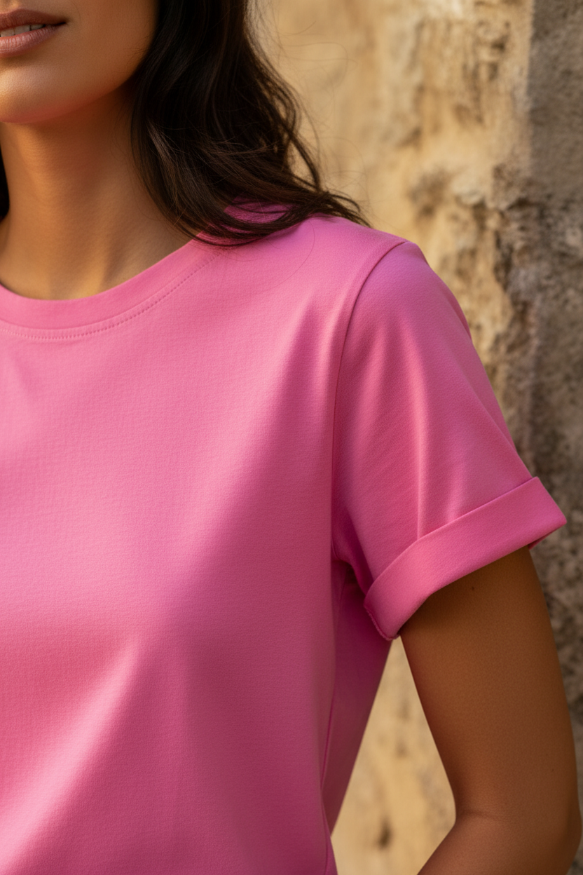 Camiseta fucsia de tejido suave y caída natural diseñada para combinar fácilmente con prendas de lino y denim. Estilo francés mujer con comodidad y elegancia. STRANNA