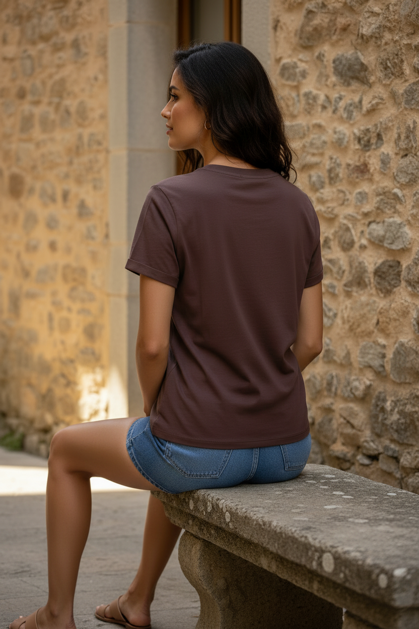 Camiseta marrón de algodón con corte recto y caída natural combinada con short vaquero azul de cintura alta y sandalias planas. Look casual chic mujer con inspiración francesa, estilo mediterráneo relajado y elegancia natural para verano. STRANNA