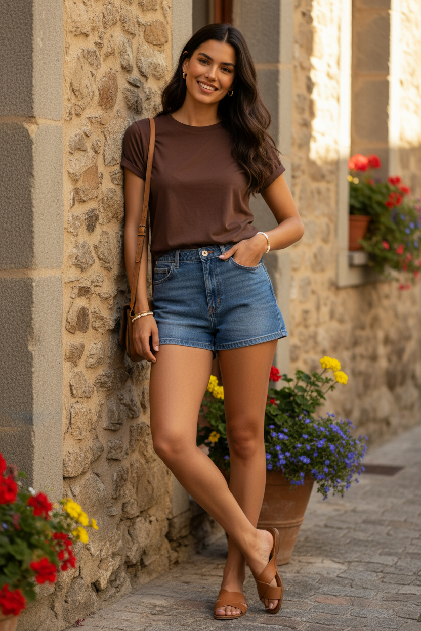 Camiseta marrón de algodón combinada con short vaquero azul de cintura alta. Look casual chic mujer con inspiración francesa y estilo relajado para verano. STRANNA