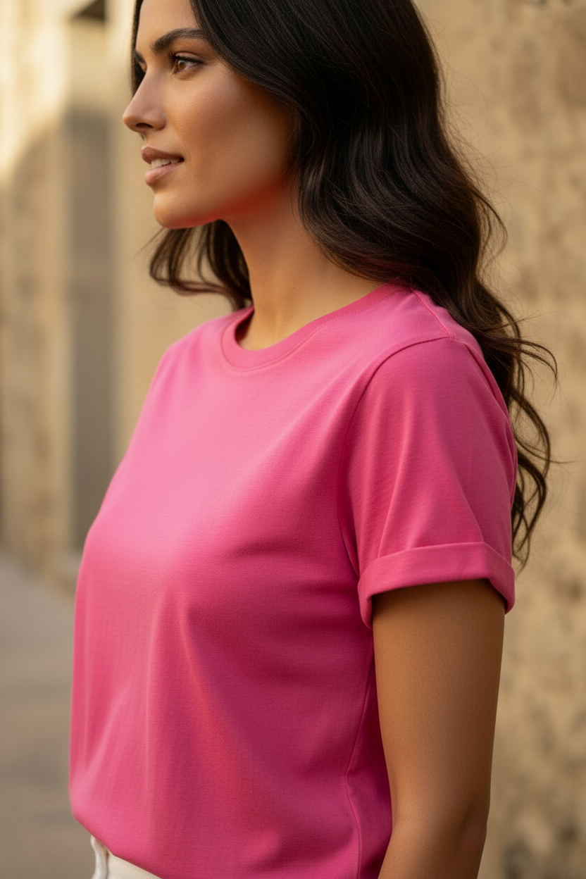 Diseño básico de manga corta en color rosa intenso con corte limpio y versátil. Prenda ideal para crear outfits casual chic mujer de inspiración mediterránea. STRANNA