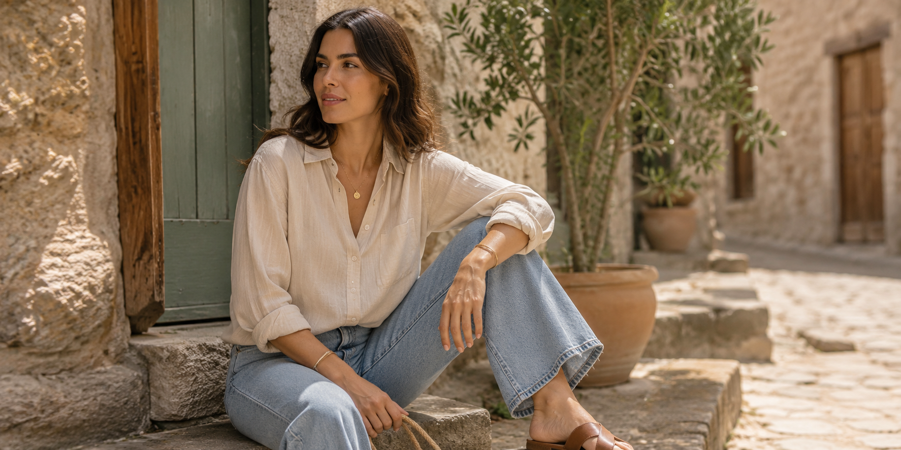 Mujer sentada en un escalón de piedra con camisa beige fluida, vaqueros azul claro y sandalias de cuero, un look casual chic mujer con estilo francés, moda mediterránea mujer y elegancia natural | STRANNA