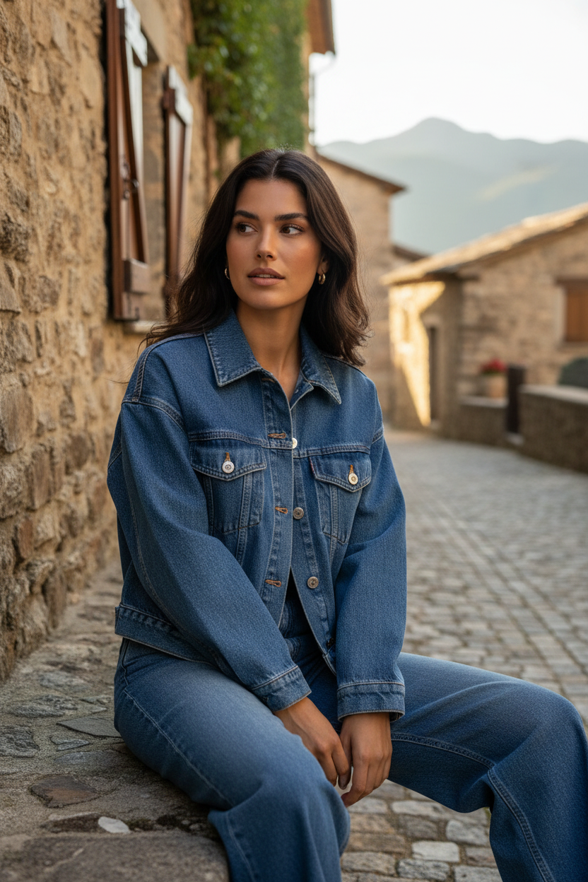 Cazadora denim oversize azul mujer sentada en calle empedrada del Pirineo — casual chic mujer — STRANNA