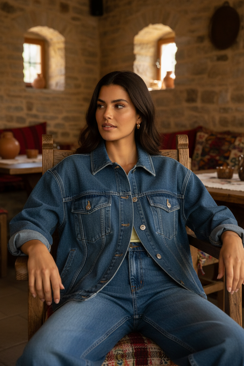 Cazadora vaquera mujer casual chic sentada en café rústico pirenaico — outfit denim completo — STRANNA
