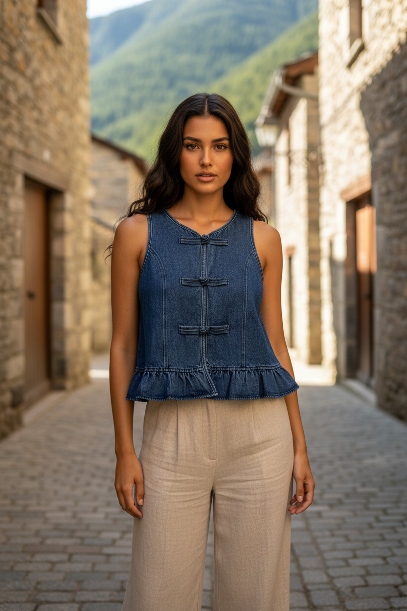 Detalle cierres de rana orientales chaleco denim mujer AYLA — STRANNA