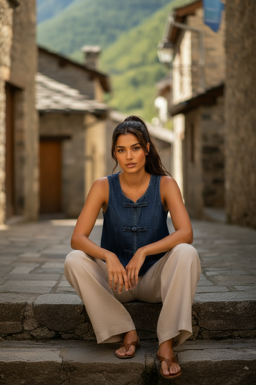 Outfit casual chic mujer con chaleco denim AYLA — STRANNA