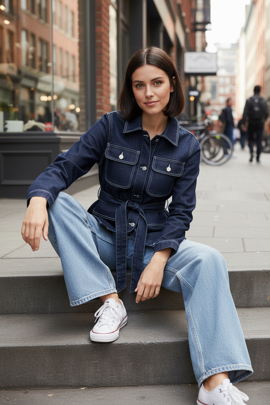 Chaqueta ALMA índigo - Sentada en escalones