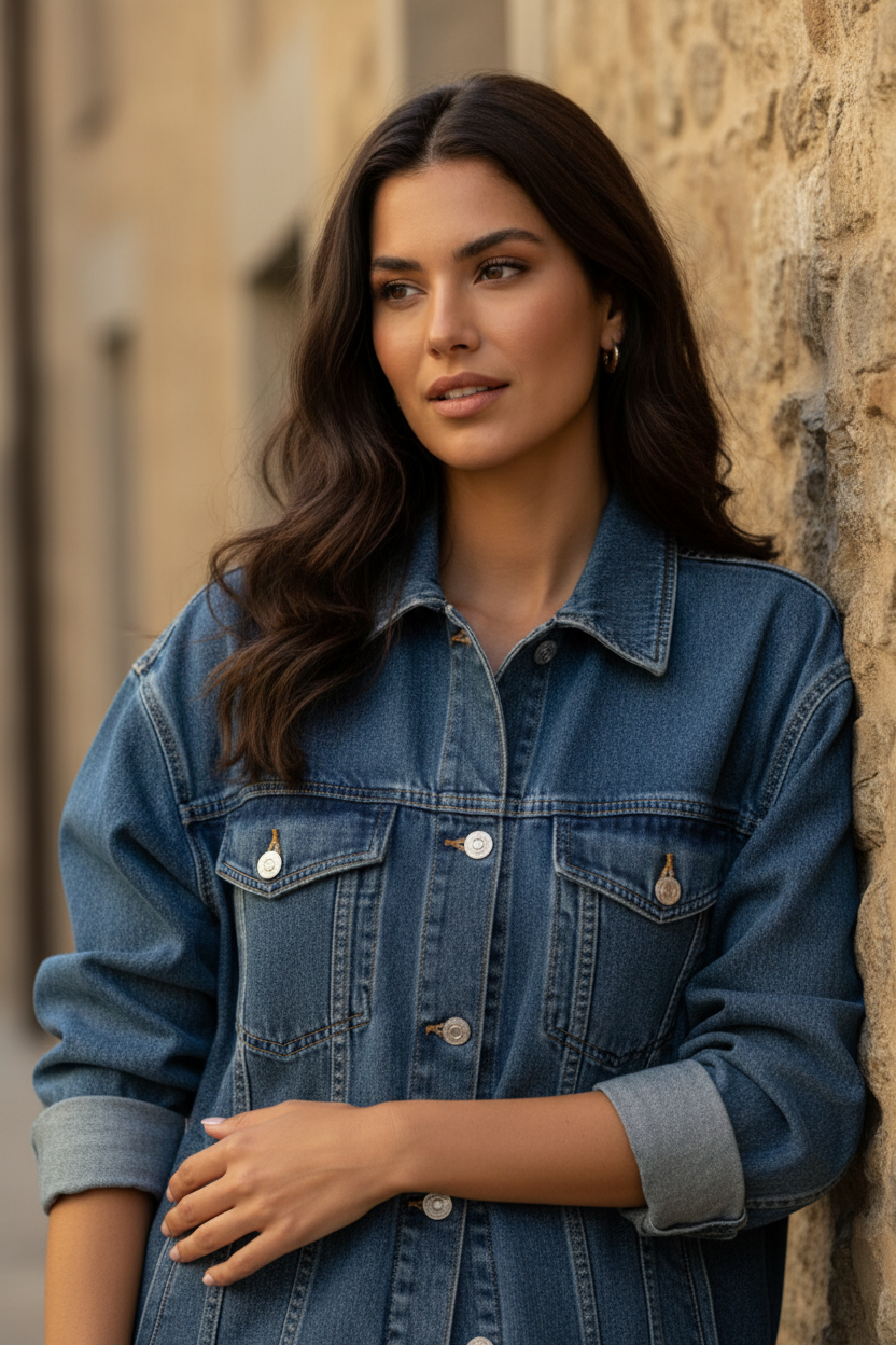 Chaqueta tejana oversize mujer en azul medio estilo francés — detalle cuello camisero y bolsillos — STRANNA

