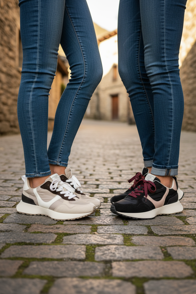 Zapatillas Corina de STRANNA en tonos beige y negro con inspiración parisina y estética effortless chic sobre calle empedrada.