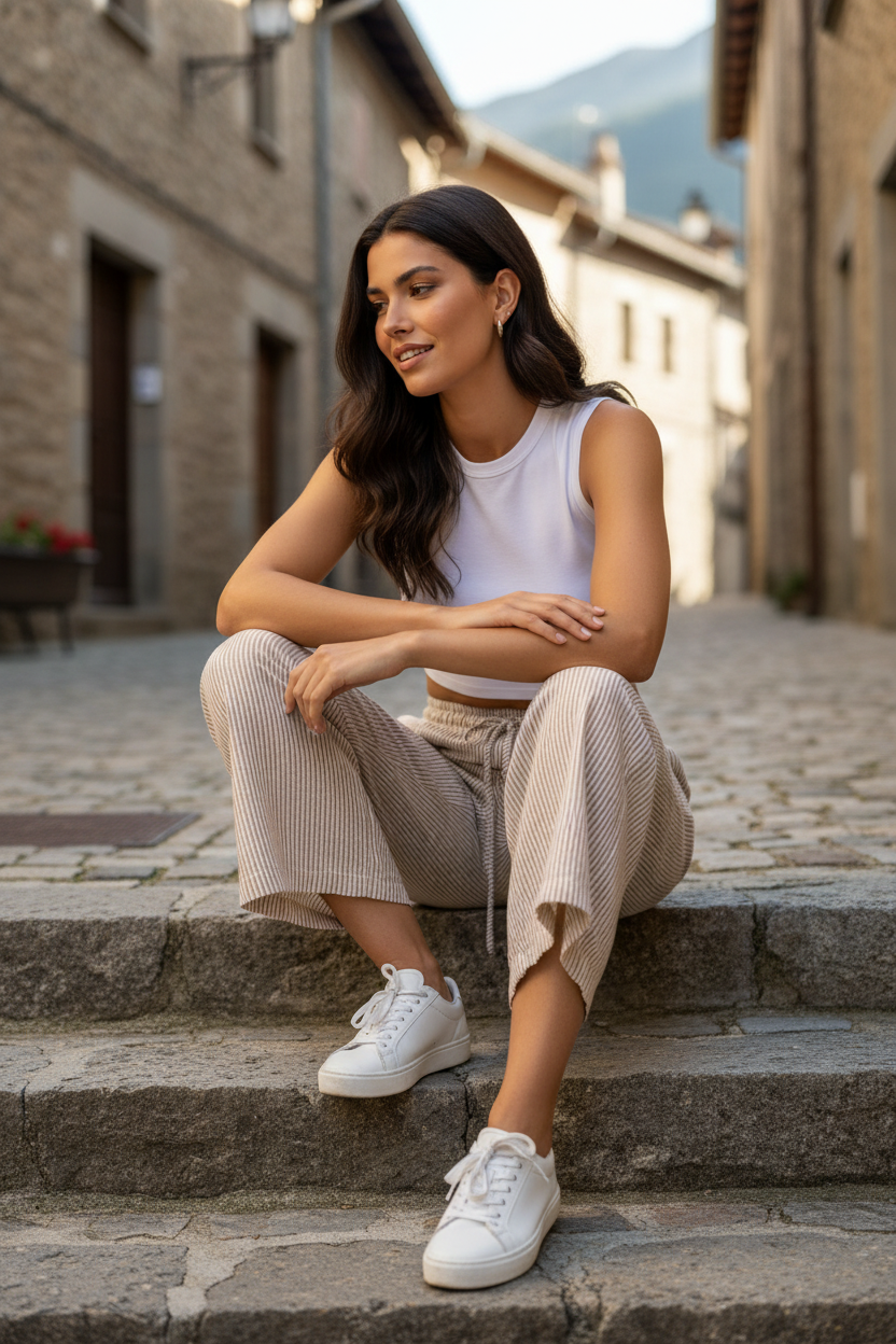 detalle tejido rayas beige lino algodón pantalón fluido mujer verano — ELOA STRANNA