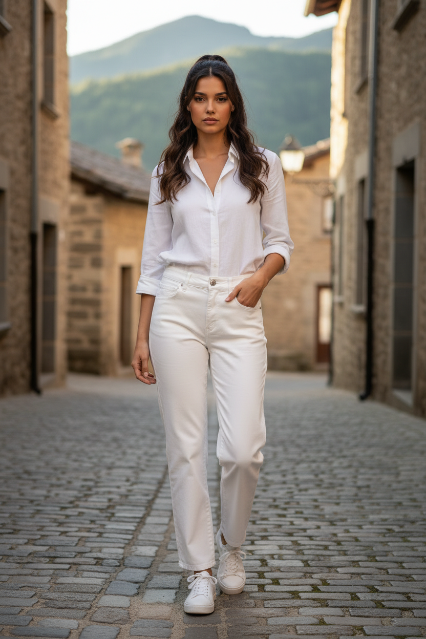 Editorial pantalón blanco - plano entero de pie