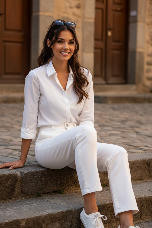 Editorial pantalón blanco STRANNA - camisa, pose sentada