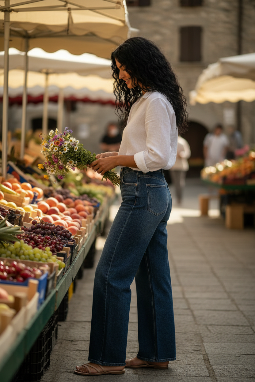 Mujer en mercado tradicional mediterráneo con outfit elegante mujer, combinación versátil de estilo francés y moda femenina elegante, STRANNA