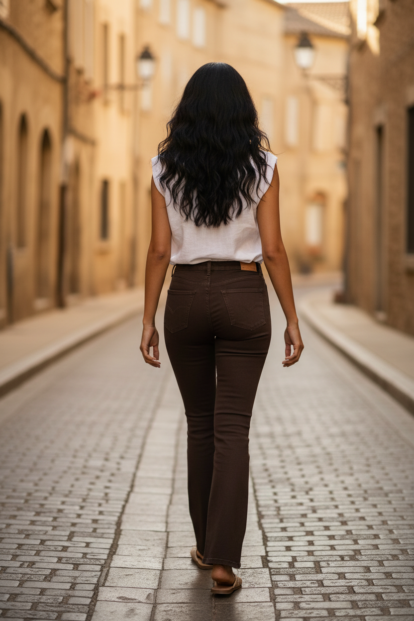 Look casual chic mujer recorriendo una calle histórica mediterránea, propuesta de moda femenina elegante con silueta estilizada, STRANNA
