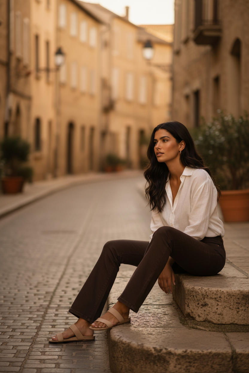 Outfit elegante mujer con aire relajado y sofisticado en arquitectura tradicional mediterránea, inspiración de estilo francés atemporal, STRANNA