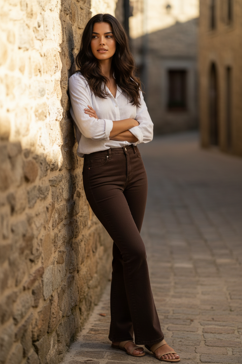 Mujer con outfit elegante mujer en calle mediterránea de piedra, inspiración de estilo francés y moda femenina elegante con carácter sofisticado, STRANNA