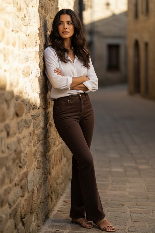 Mujer con outfit elegante mujer en calle mediterránea de piedra, inspiración de estilo francés y moda femenina elegante con carácter sofisticado, STRANNA