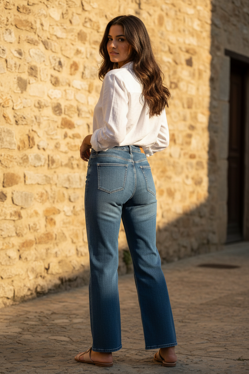 Look casual chic mujer con silueta sofisticada en arquitectura mediterránea tradicional, propuesta de moda femenina elegante para cualquier ocasión, STRANNA